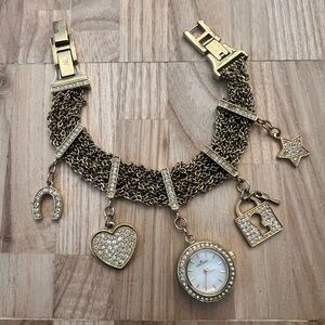 Anne Klein Gold Tone & Rhinestones Charm Bracelet bling watch NEW BATTERY